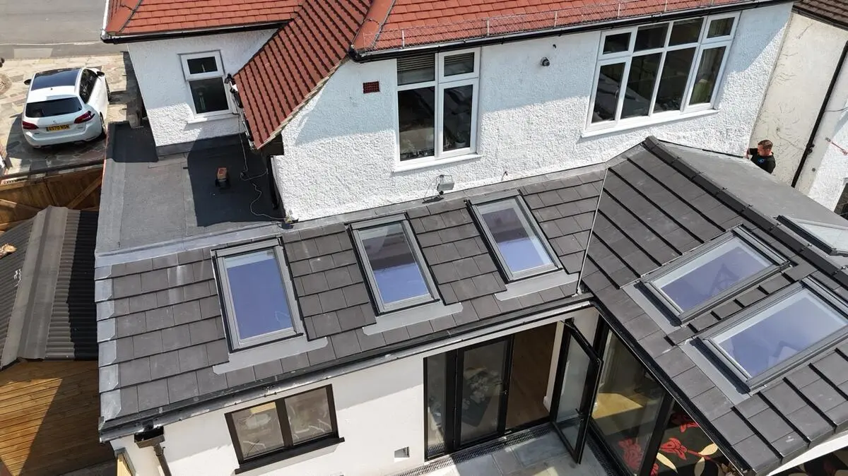 Aerial view of completed roof with Velux windows in Sidcup